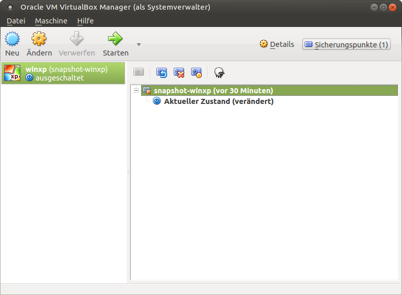 VirtualBox-Optionen für Snapshots