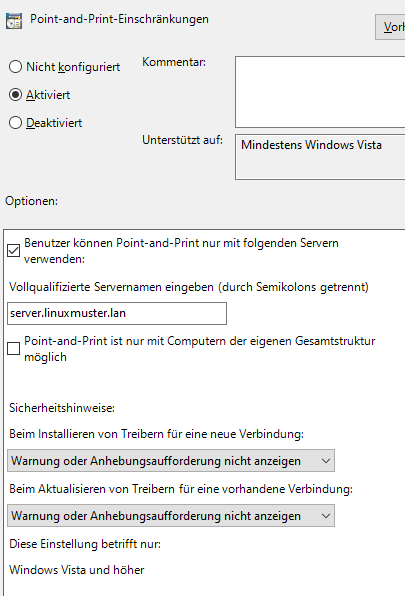 Point and Print Einschränkungen